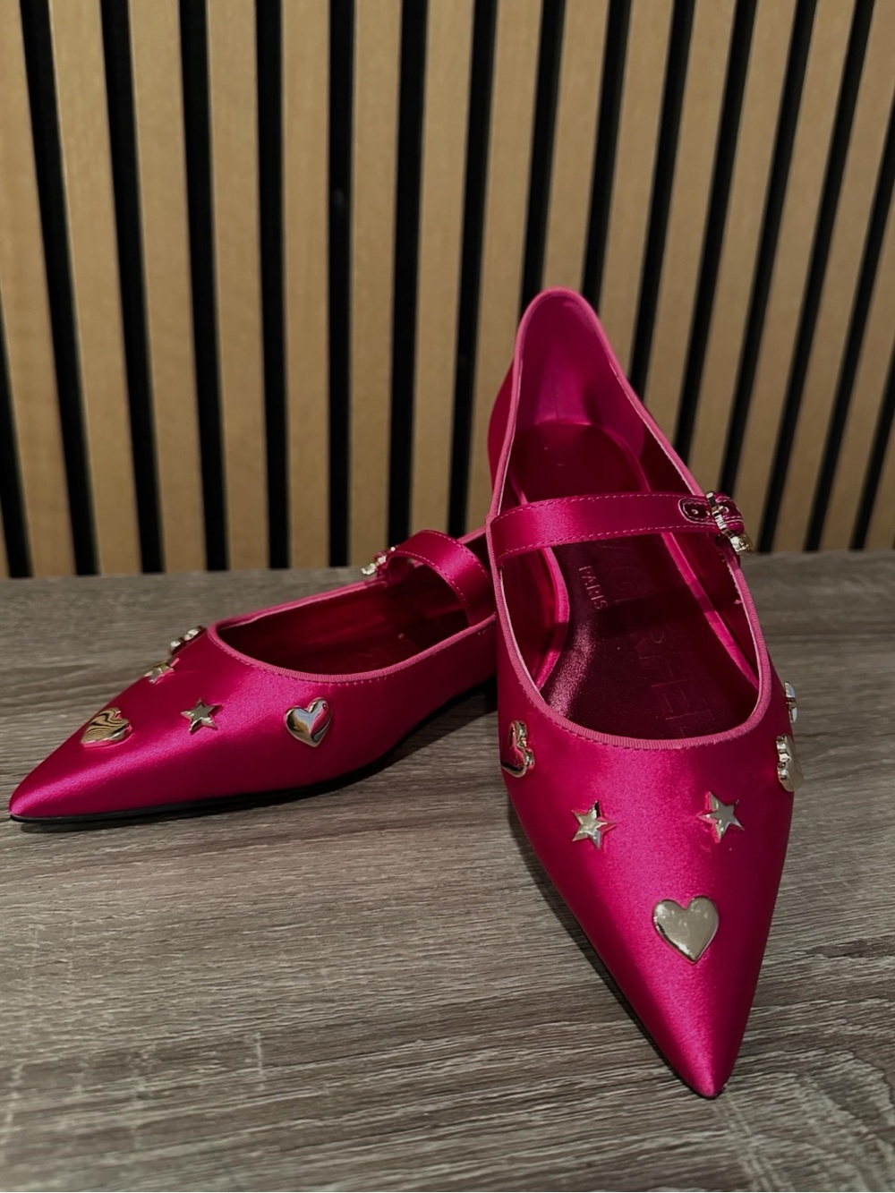 Karl Lagerfeld Hot Pink Satin Pointed Mary Jane Flats with Heart & Star Studs
